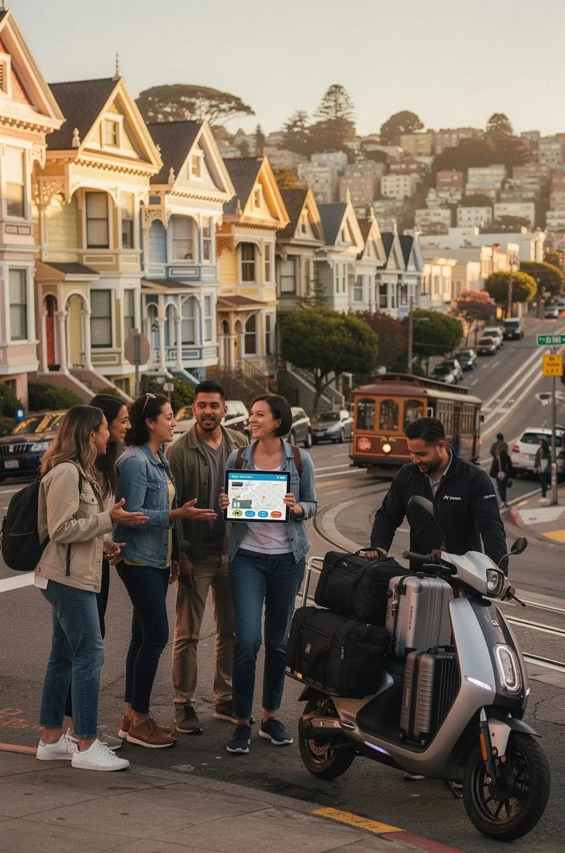 Сотрудник службы доставки аккуратно упаковывает багаж для передачи клиенту в туристическом районе.