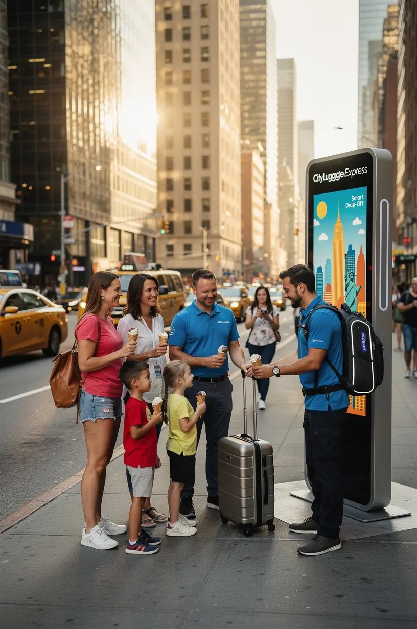 Счастливая семья получает свой багаж в новом отеле после переезда в другой район города.