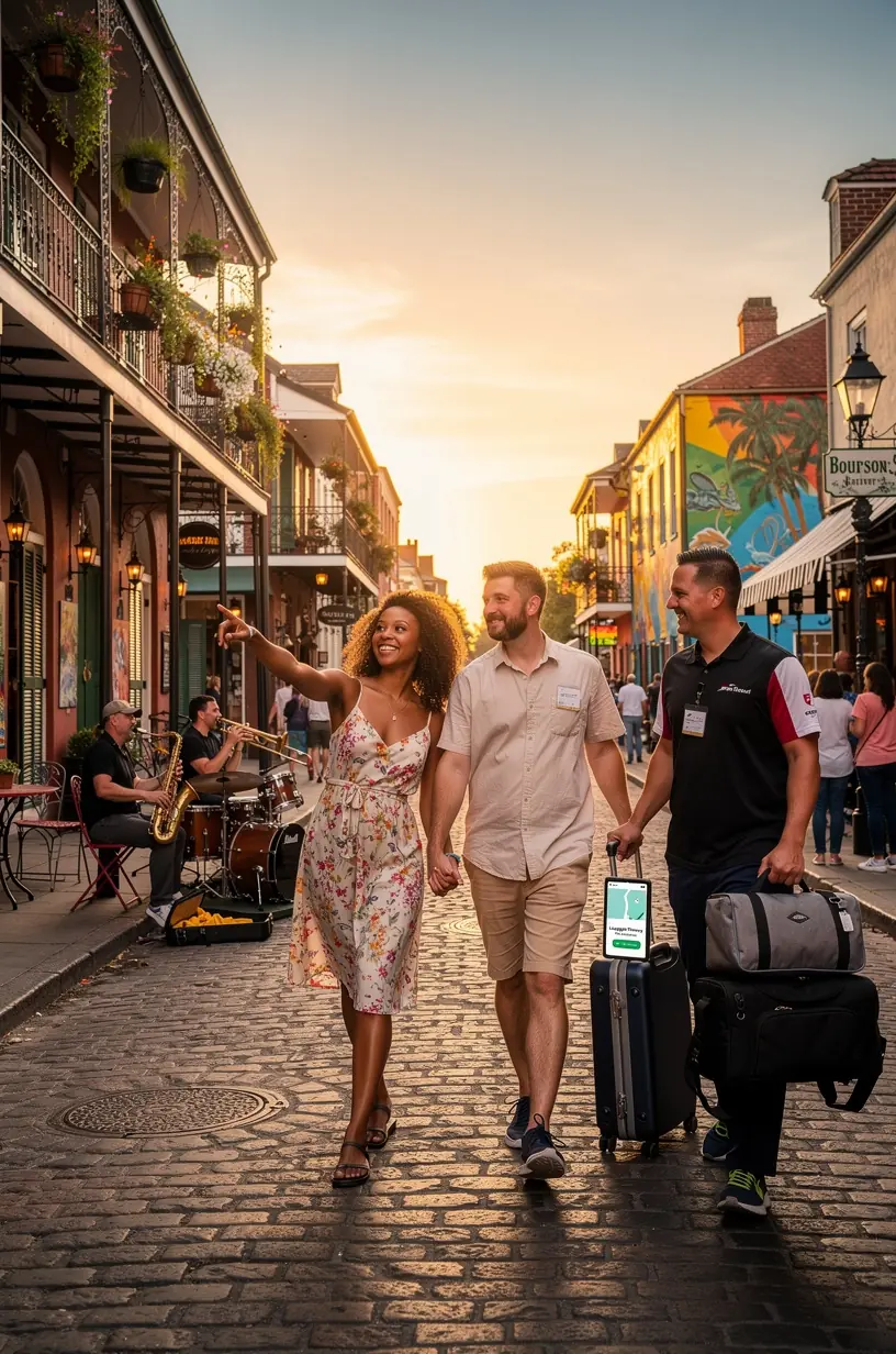 Турист наслаждается прогулкой по городу без багажа, пользуясь услугой доставки сумок.