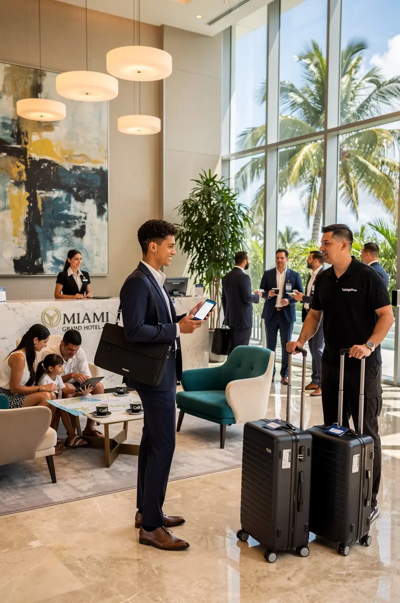 Инфографика объясняет процесс доставки багажа в течение одного дня между отелями и популярными местами.